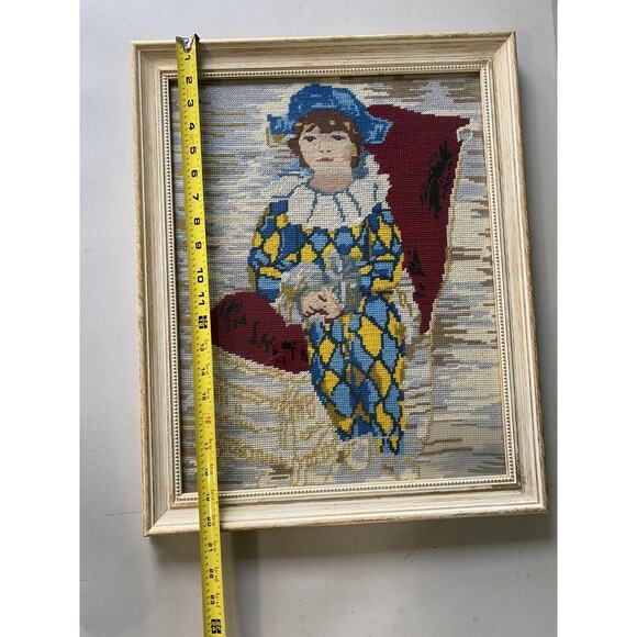 Needlepoint Artwrok Picassos Son Paul Harlequin Costume Gold Professional Frame - Picture 12 of 13